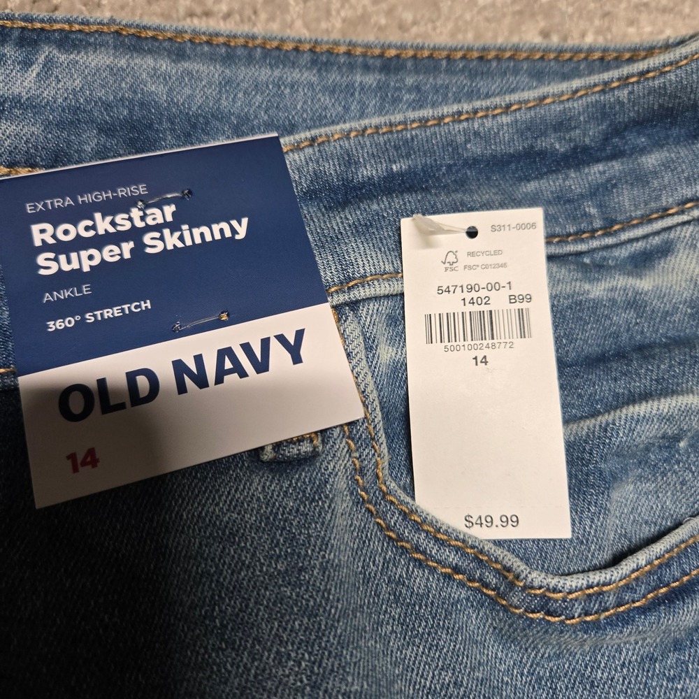 Old Navy Rockstar Super Skinny Jeans Extra High Rise Ankle Raw Hem Blue 14 NEW - Picture 3 of 8